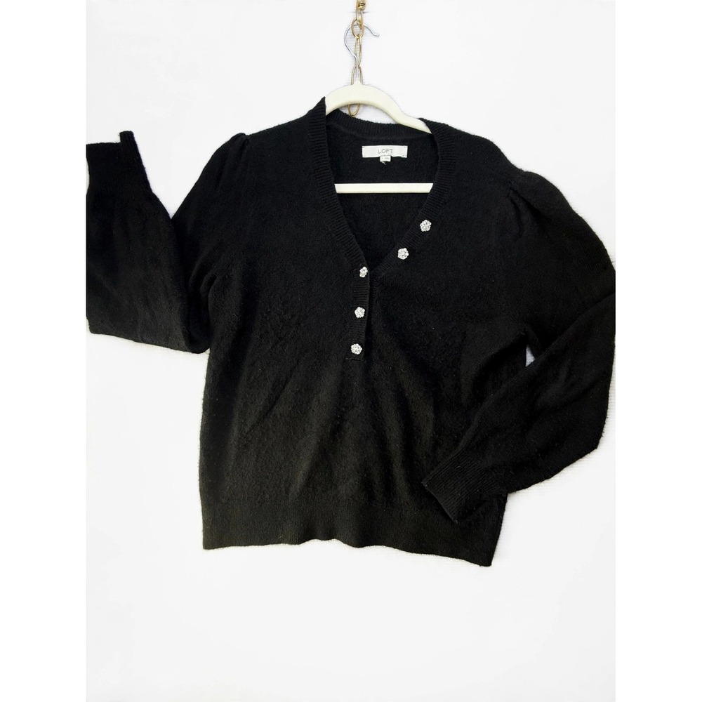 LOFT Womens Black Knit Cardigan Jeweled Crystal Buttons V-Neck Sz L